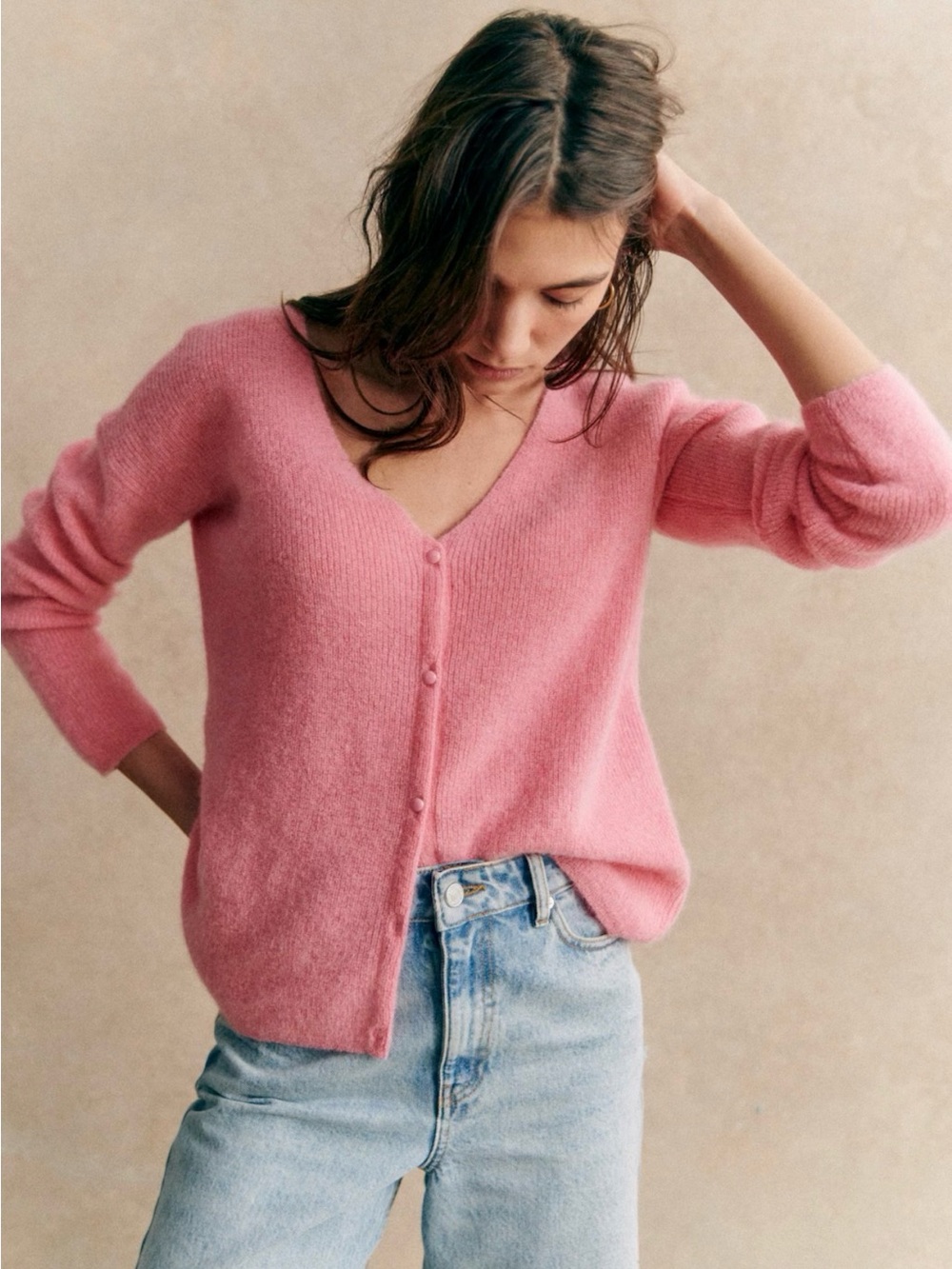 Sezane Soft Pink V-Neck Button Cardigan